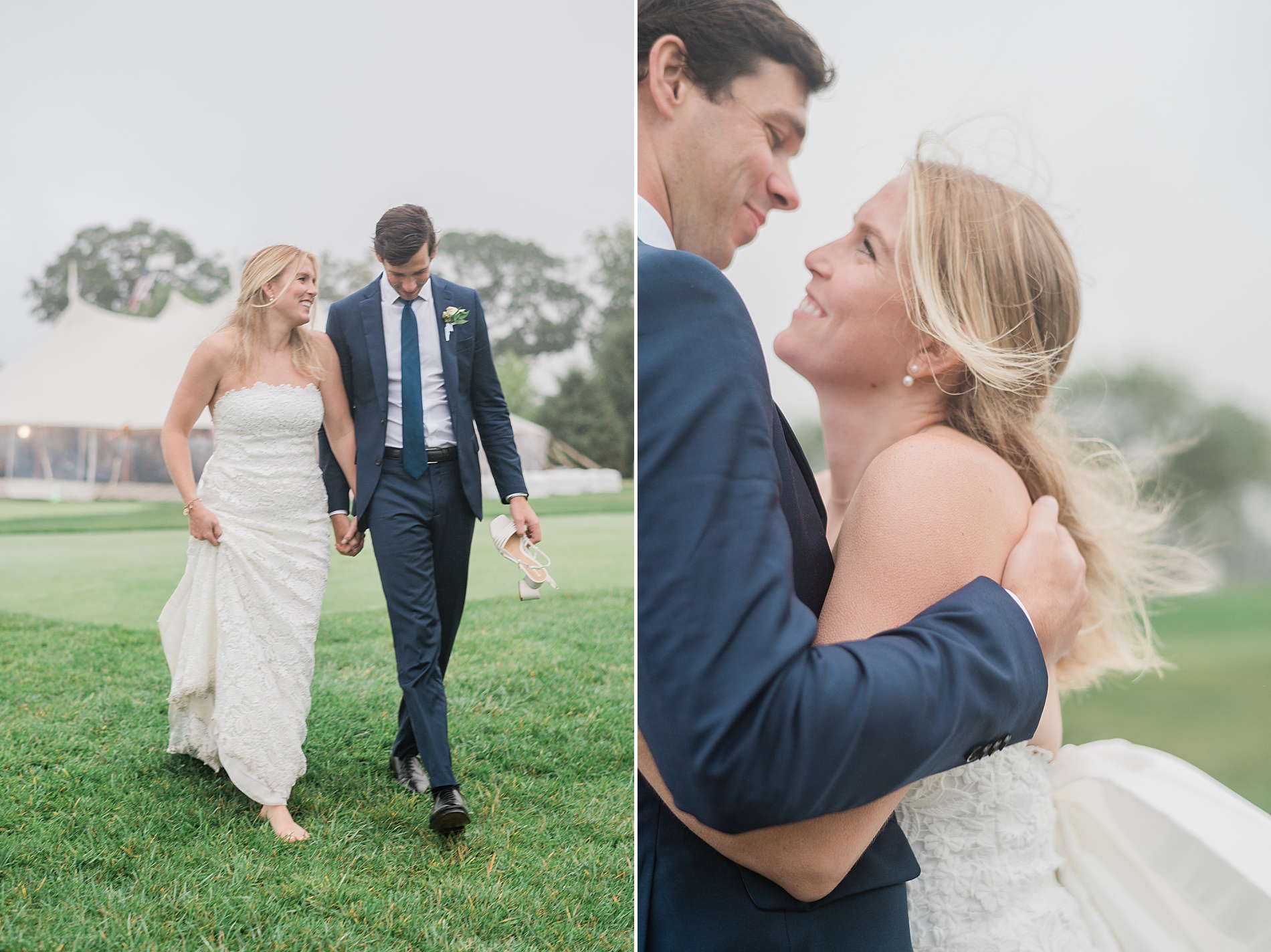 newlyweds walking together in the rain at Spring Lake Golf Club 