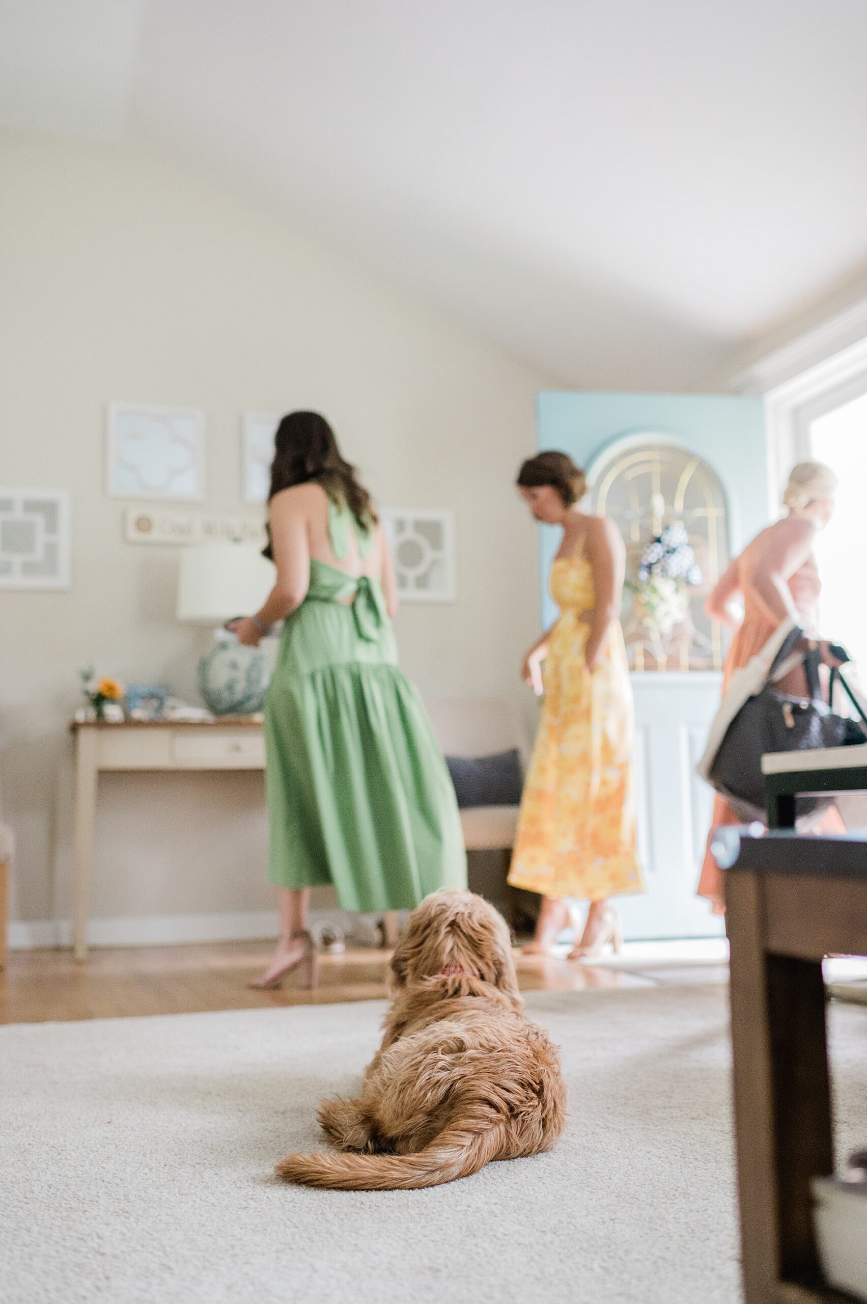 bridesmaids get ready to leave for ceremony