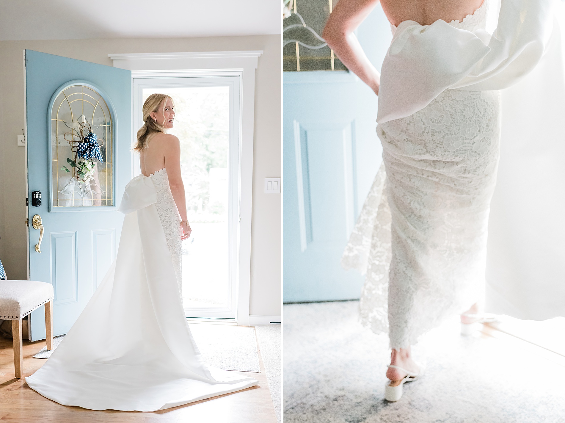 bride in wedding dress leaves for ceremony