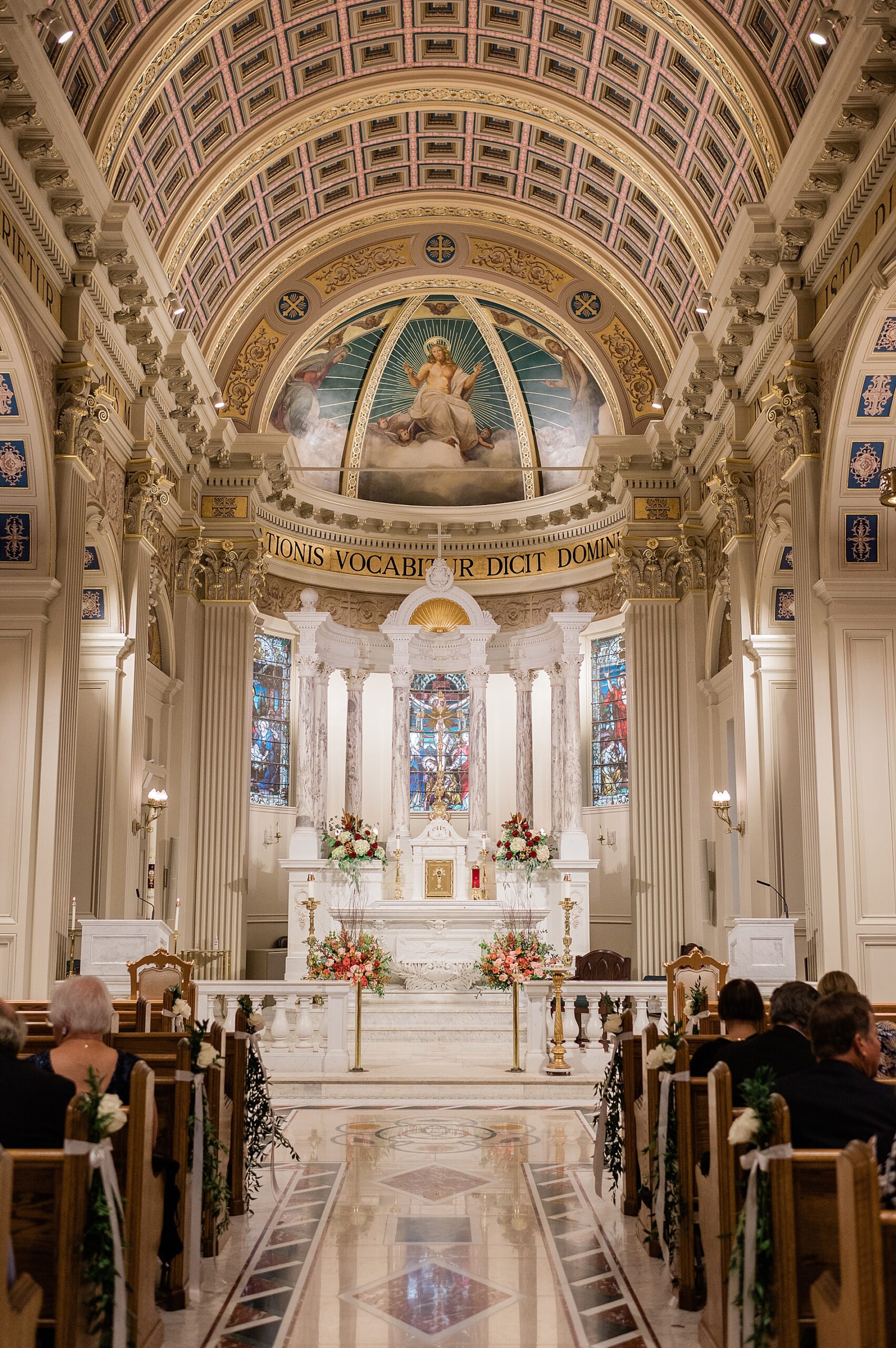 beautiful church sanctuary with stain glass windows 