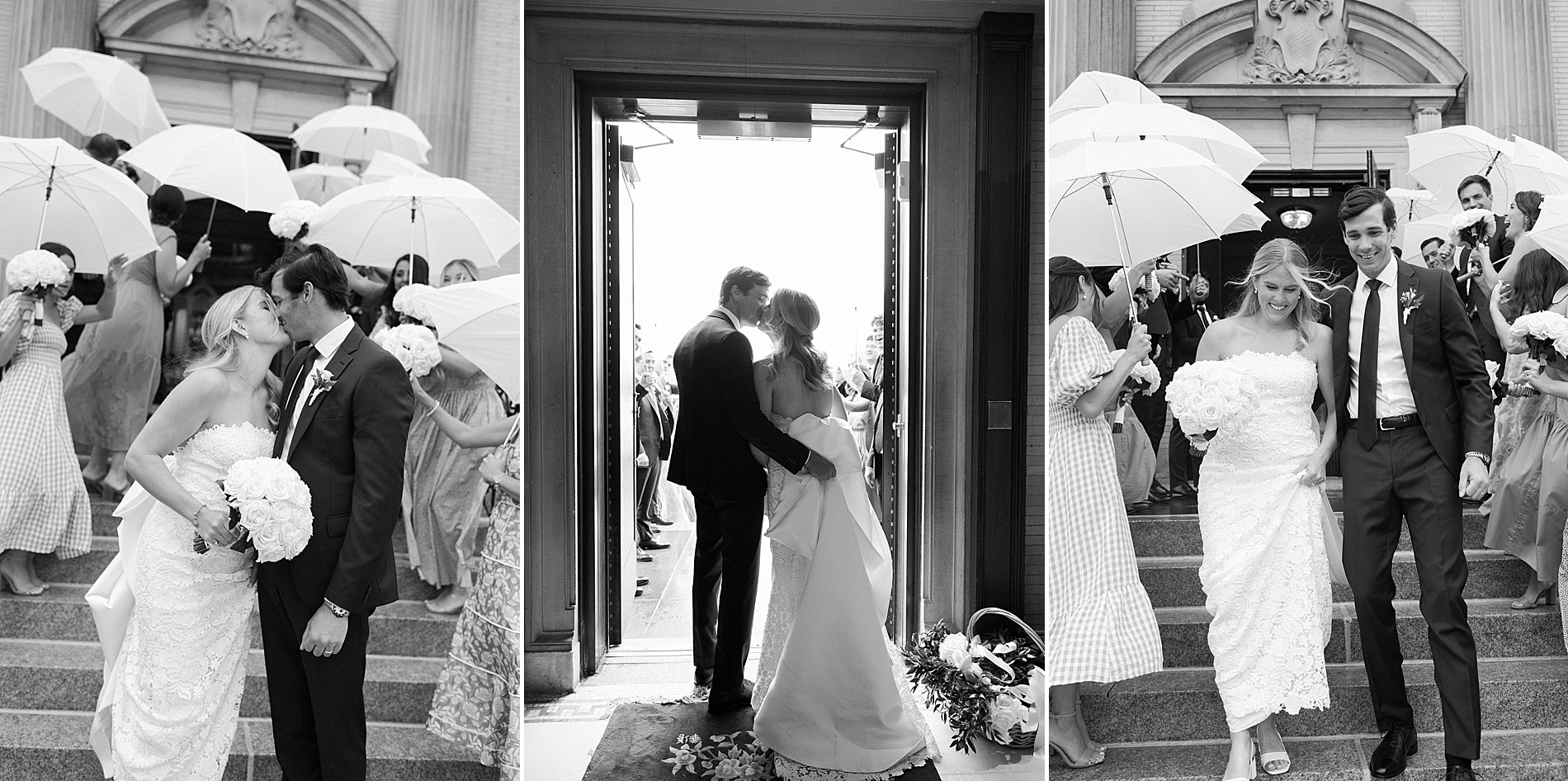newlyweds exit church in the rain as guests hold umbrellas from Rainy Spring Lake Wedding