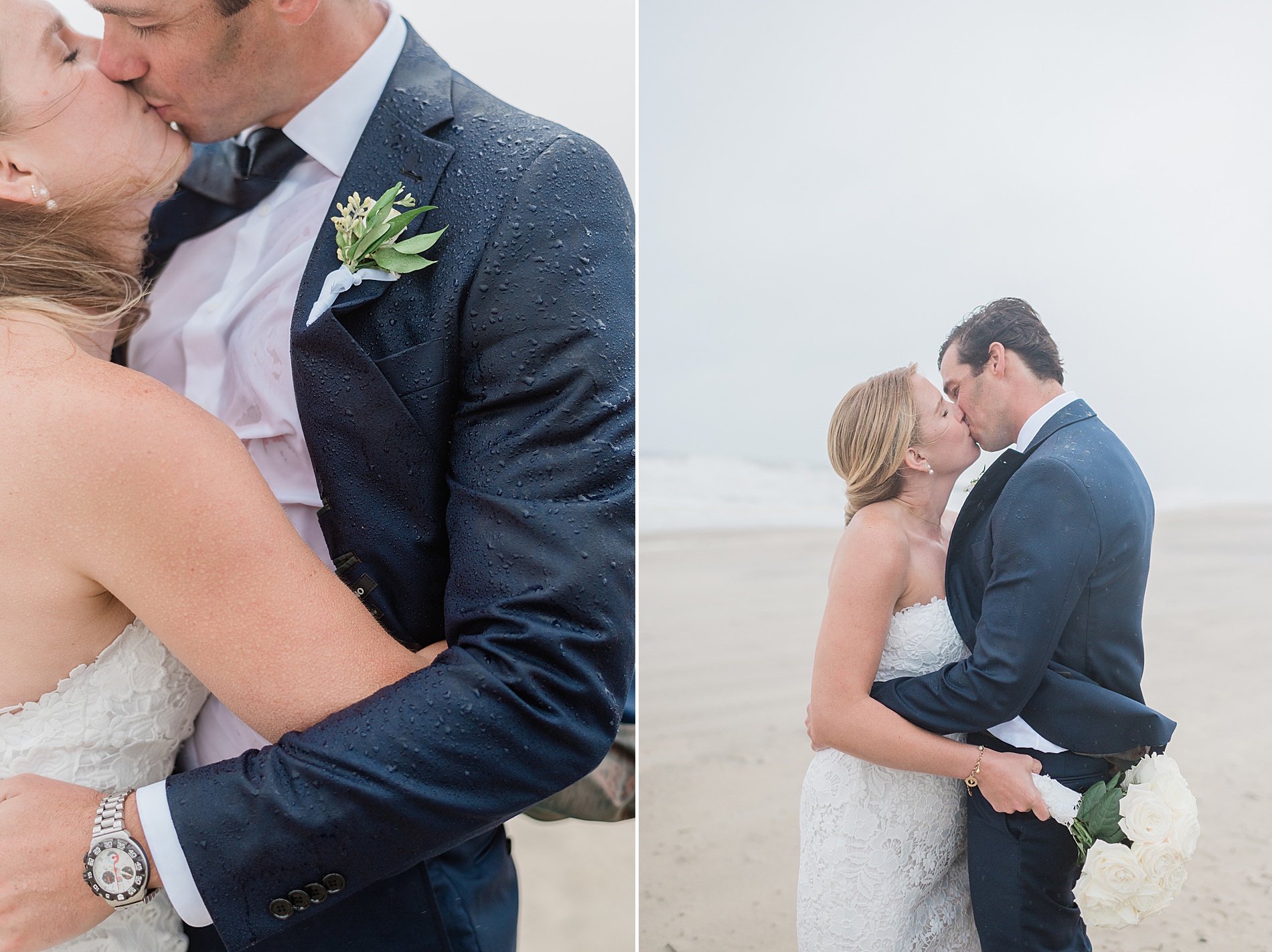 newlyweds kiss in the rain on the beach in Spring Lake, NJ | Rainy Spring Lake Wedding