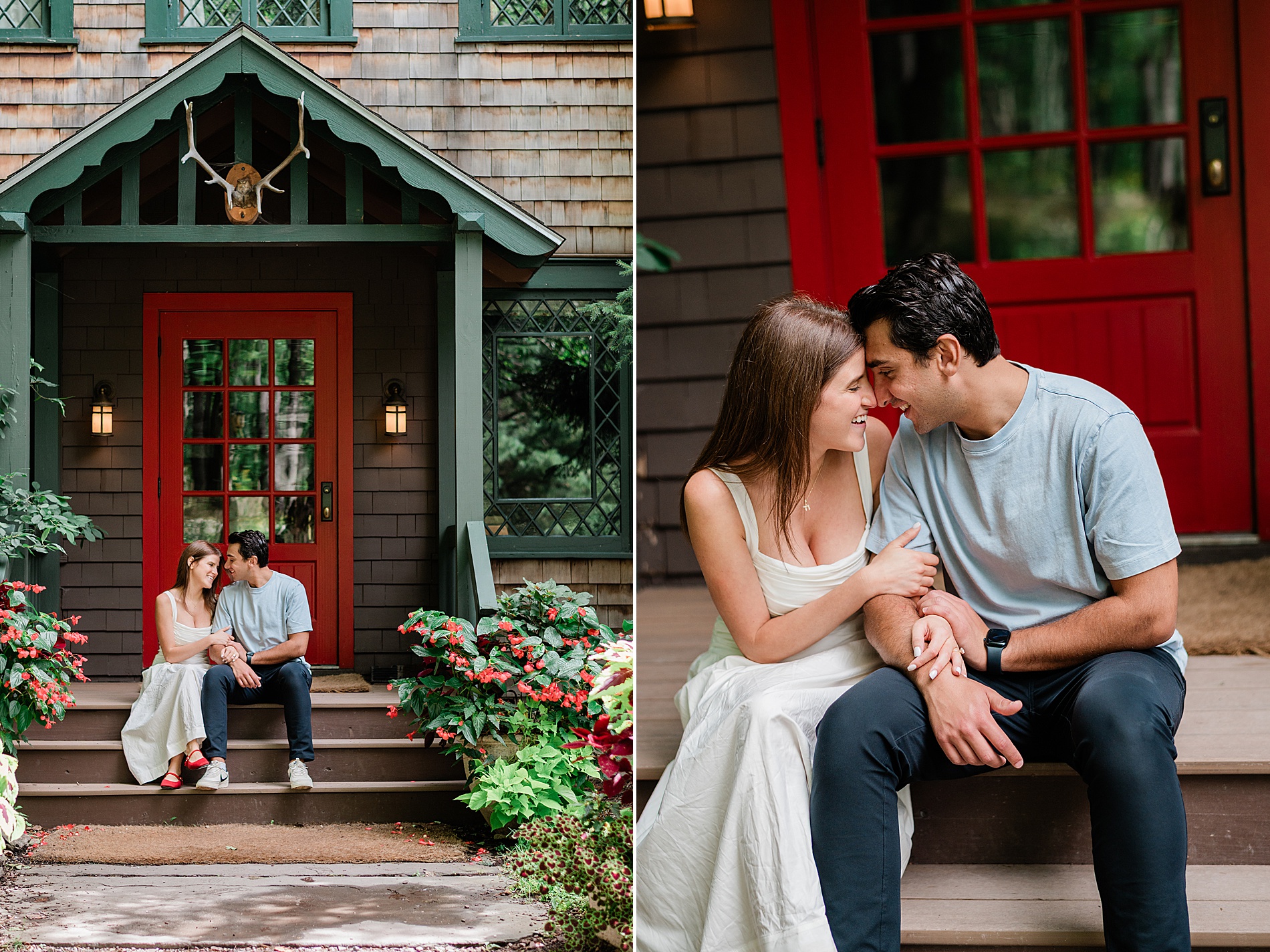 newly engaged couple sit on steps at Deer Mountain Inn